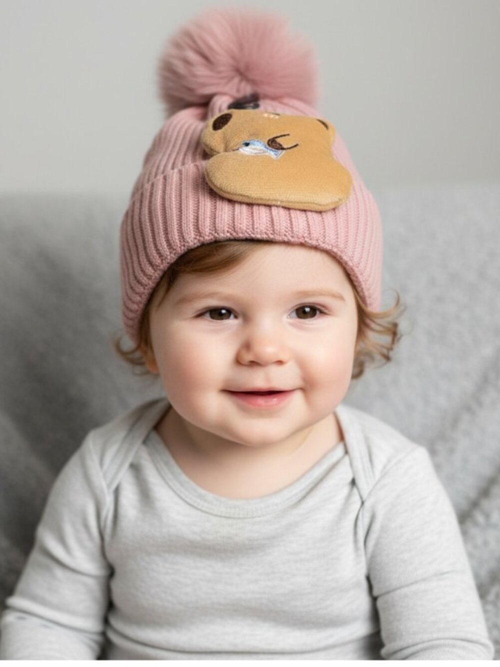 Kids Light Pink Ribbed Knit Beanie Plush Capybara Patch & Pink Faux Fur Pom Pom